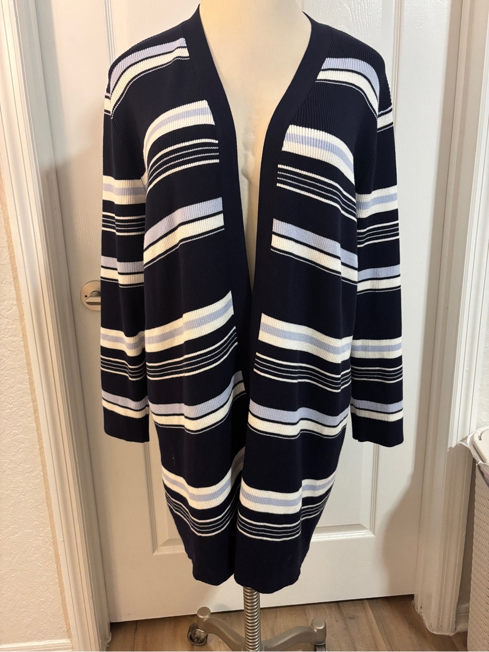 NWT Calvin Klein Women’s 2X Navy Blue Striped Longline Open Front Cardigan Duste